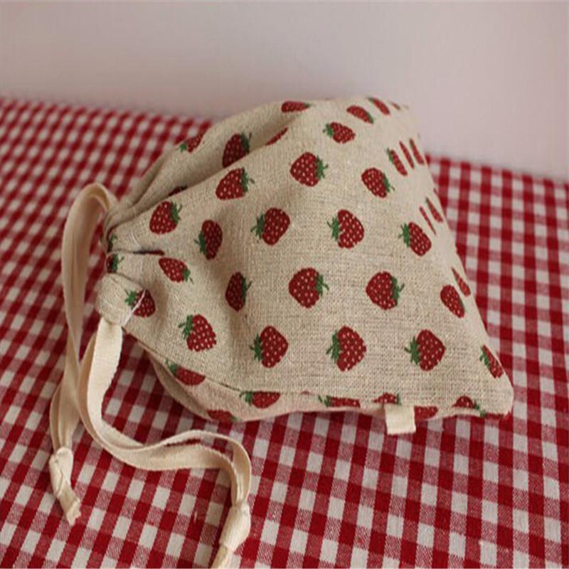 14x16cm Small Cotton Linen Strawberry Drawstring Bag Pocket Xmas Party Gift Packaging