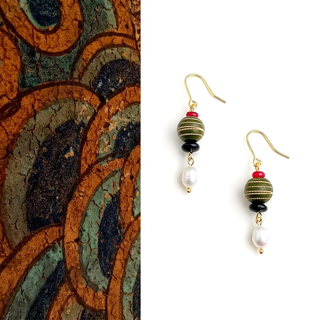 Handmade Wooden Freshwater Pearl Beaded Earrings - Retro Ethnic Hanfu Style