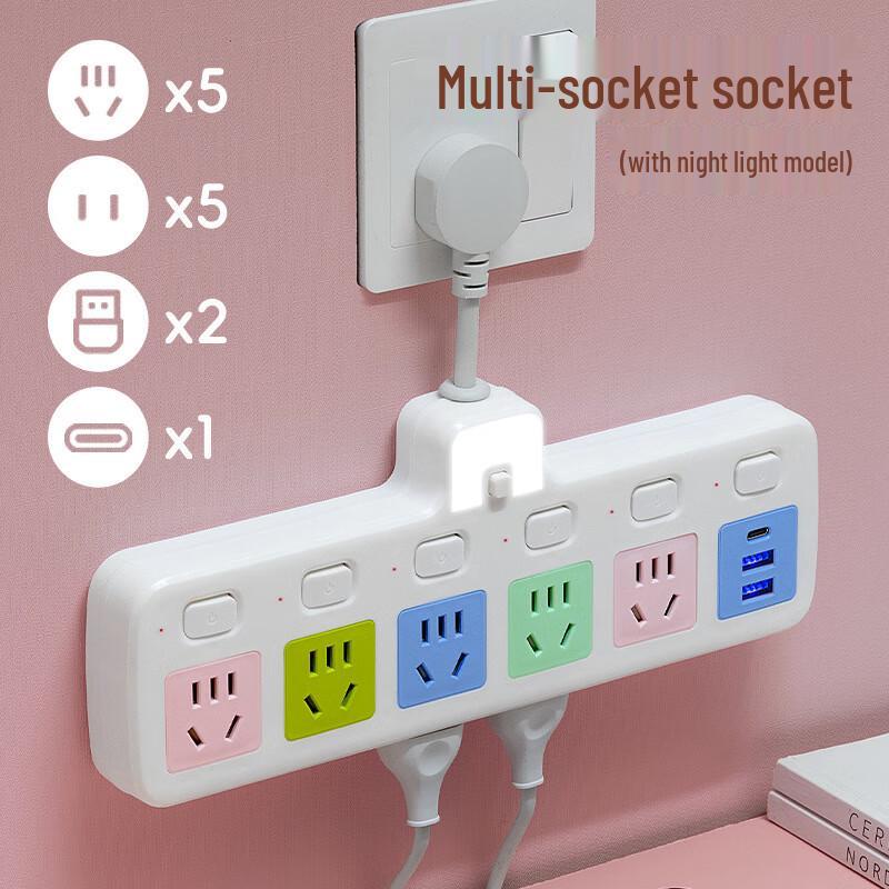 

Zhuochi Colored Panel 6-Switch Power Strip with USB and Night Light CN plug (adapter included)