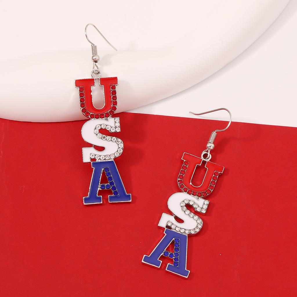 Fashionable letter trendy earrings, red, blue and white combination letter diamond-encrusted earrings, elegant long ear hook earrings