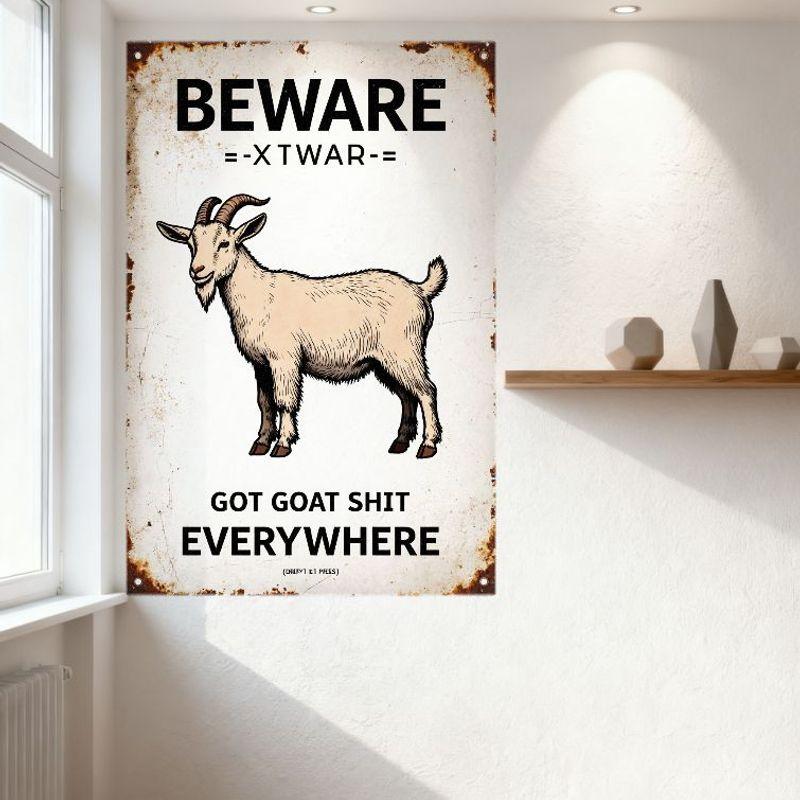 Vintage Beware Goat Sign Rustic Metal Sign with Cartoon Goat Illustration 'GOT GOAT SHIT EVERYWHERE' Distressed Aged Metal Warni