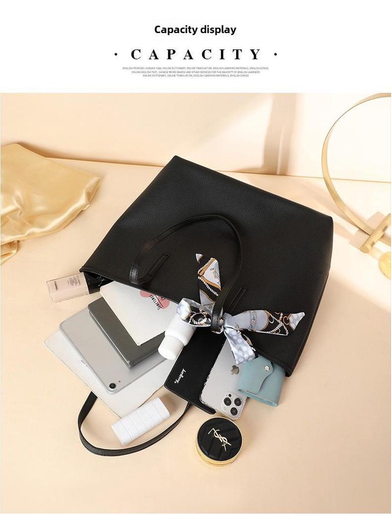 Fashionable Large Capacity Tote Bag with Lychee Pattern and Scarf Decoration - Solid Color Women's Shoulder Bag, 2024 Edition