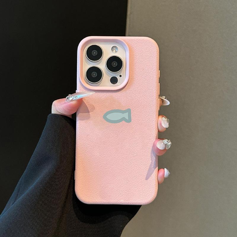 Simple Kitten and Fish Suitable for Apple 16promax Couple Phone Case IPhone 14 Lychee Pattern