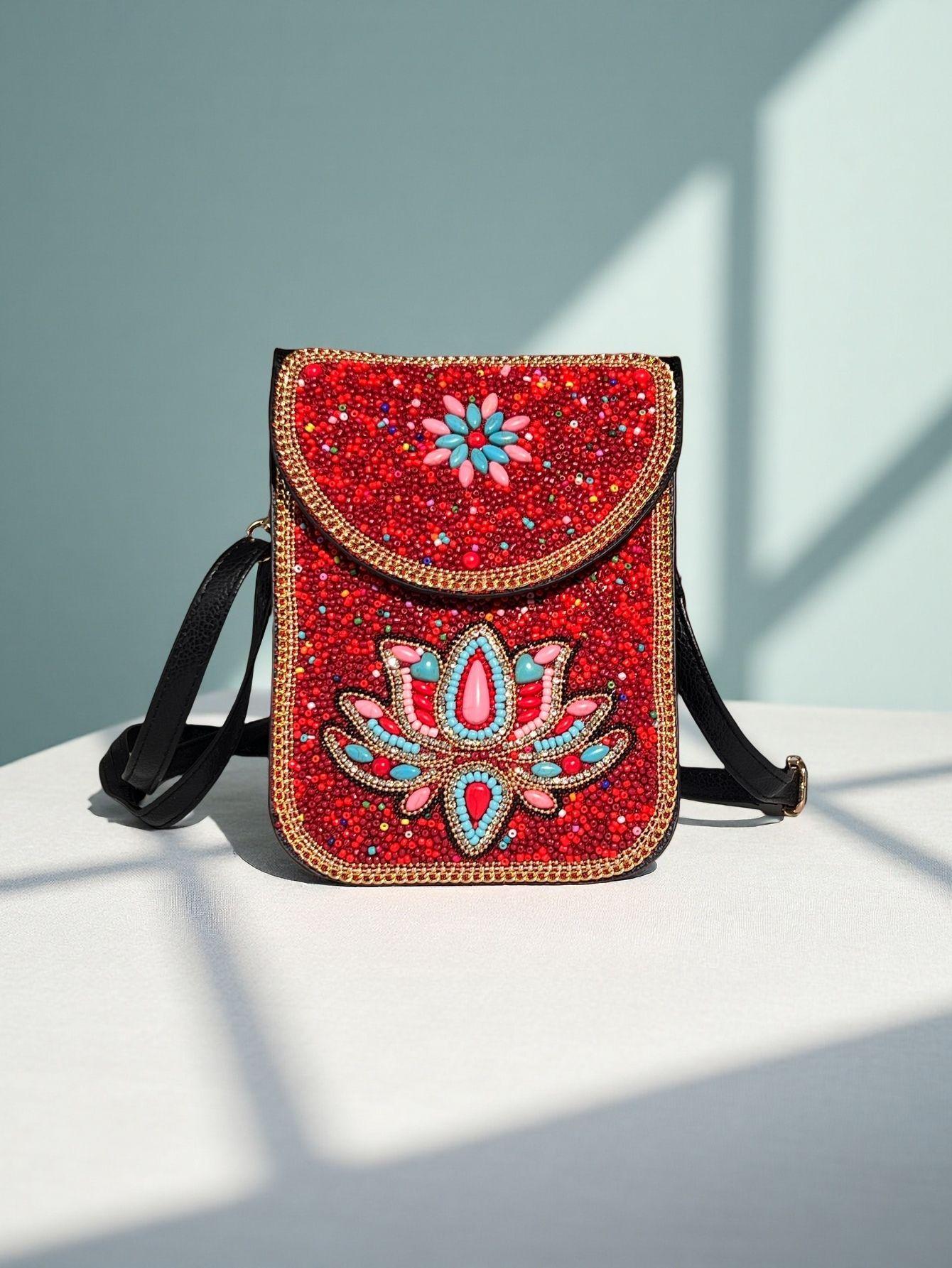 Umsif Women Bohemian Kralen Telefoon Crossbody Tas, Vintage Gedetailleerde Schoudertas voor Vrouwen - Reis Souvenir & Festival Essentials met Handgemaakte Details red