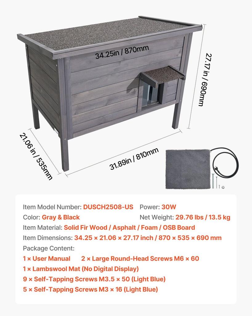 Beheiztes Katzenhaus, Isoliertes Holz-Katzenhaus für Freigänger, Wasserdichtes Unterschlupf für Streunerkatzen mit Heizmatte, PVC-Klappentür & Aufklappbares Bitumendach