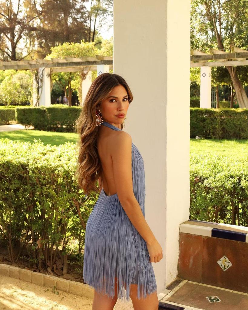 2026 Summer European-American Tassel Backless Halter Mini Dress