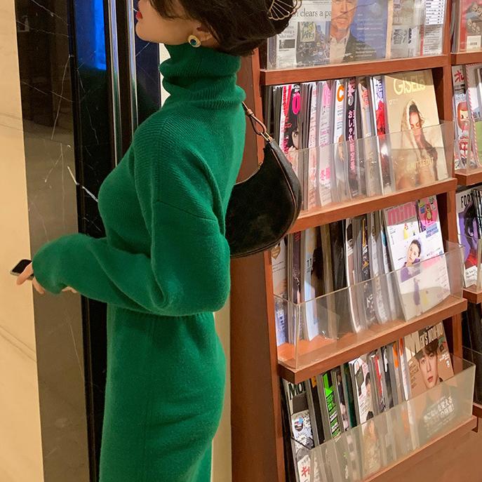 Rochie de damă cu gât roscat Pulover cu mânecă lungă Rochii cu tricot femei talie înaltă subțire toamnă iarnă pulover tricotat halat lung Nou