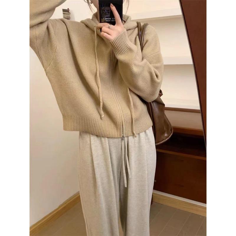 Solid color double zipper hooded knitted cardigan women's autumn and winter new loose casual simple sweater jacket
