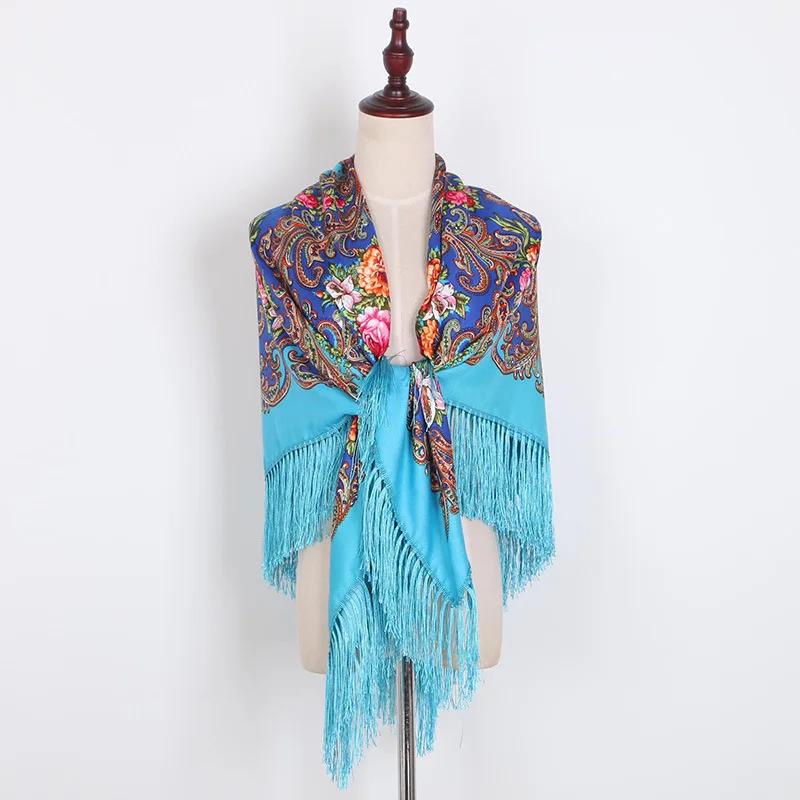 Floral Printed Bohemian Scarf Fringed Shawl Headscarf Russian Babushka Scarves Women National Muslim Head Wrap Square