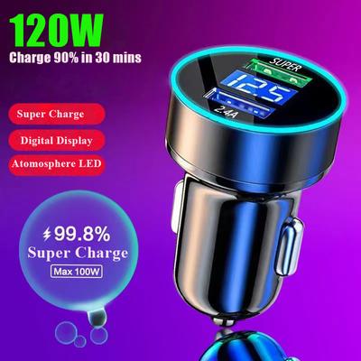 Super Fast Charging Usb Car Charge 120w Dual Port Quick Charge for Iphone 13 12 11 Pro Max 7 8 Samsung Oneplus Xiaomi Huawei