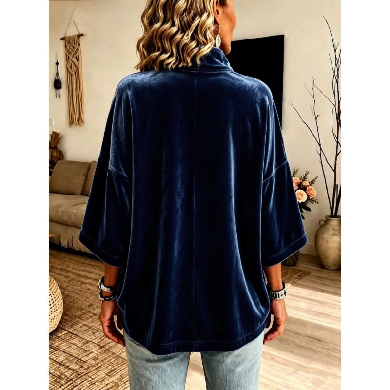 Women Velvet Top V Neck Long Sleeve Loose Fit Soft Fabric
