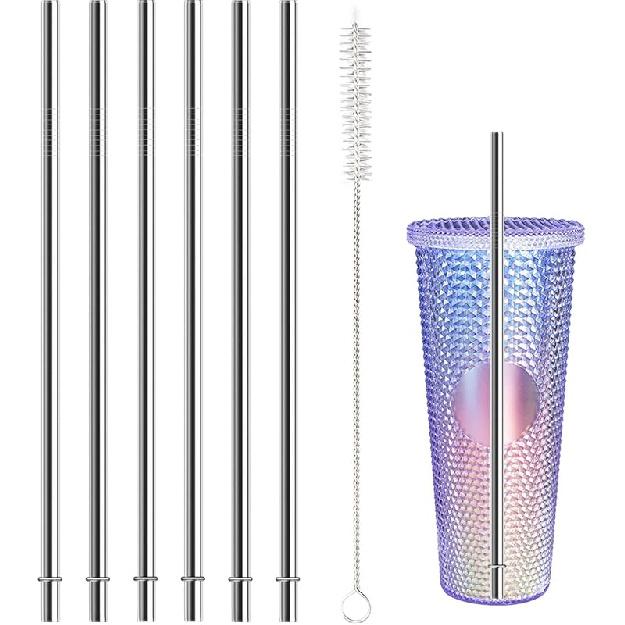 10.5 Inch Stainless Steel Straws Replacement for Starbucks Cold Cup Venti 24 Oz, 6 PCS Straight Reble Metal Straw with Cleaning Brush, 10.5" X 0.31"