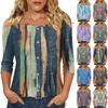 Women's Fashionable Casual Three-quarter Sleeve Button-down Retro Print Round Neck Top