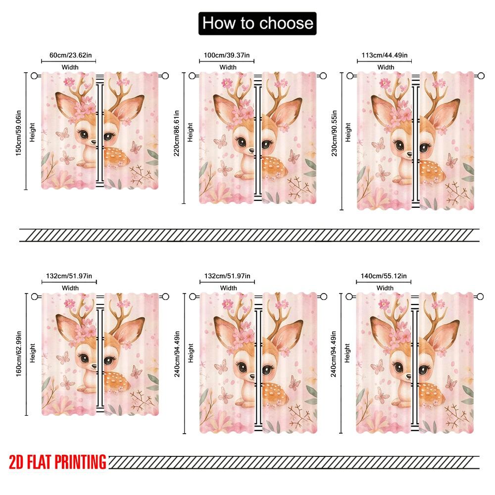 2pcs,2D Plane Printing Curtain Fabric FloralFawnWhimsy 100% Polyester (without Rod) Decorations For Home for Bedroom, Living
