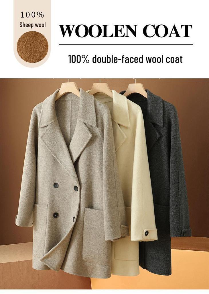 Women's Petite Double-Breasted Mid-Length Lapel Wool Coat - Versatile for Autumn/Winter