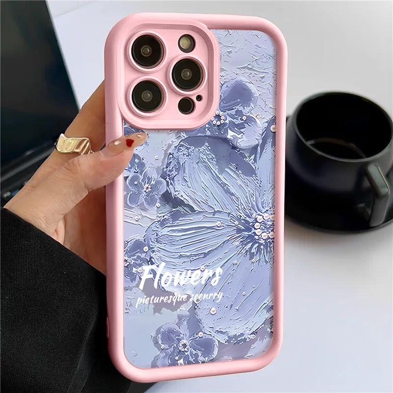 Candy Color Tpu Soft Phone Case for iPhone 16 Pro 15 14 Plus 13 12 11 Pro Max Xs Xr 8 7 Shockproof Relief Blue Flower Pattern Lens Protection Cover