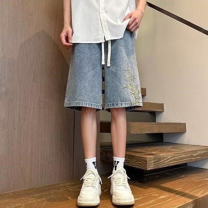 Men's Summer Chinese Style Embroidered Denim Shorts - Lightweight, Loose, Versatile, Mid-Length.