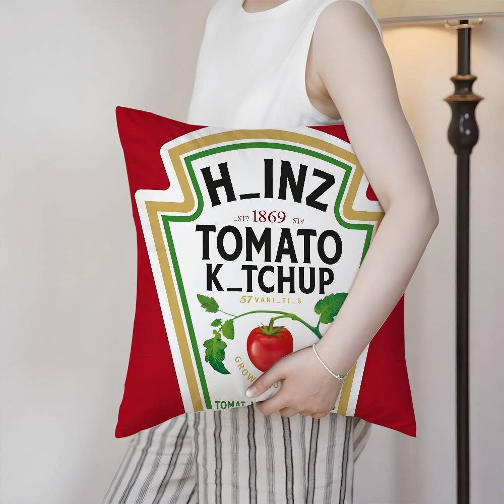 Funny H-heinzS Ketchup Label Pillow Case Soft Plush Fabric Double Sided Print Decorative Home Living Room Gift Cushion