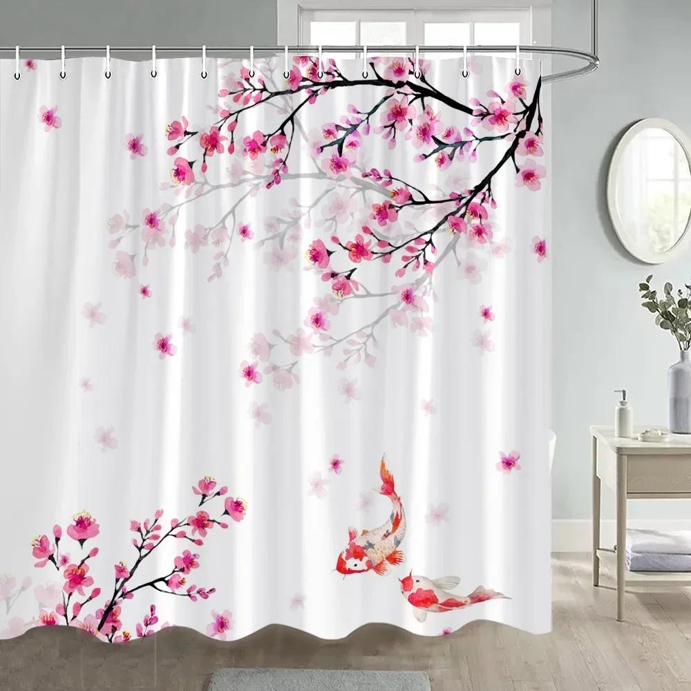 Pink Flowers Shower Curtains Cherry Blossom Floral Koi Japanese Style Bath Curtain Polyester Fabric Bathroom Decor with Hooks