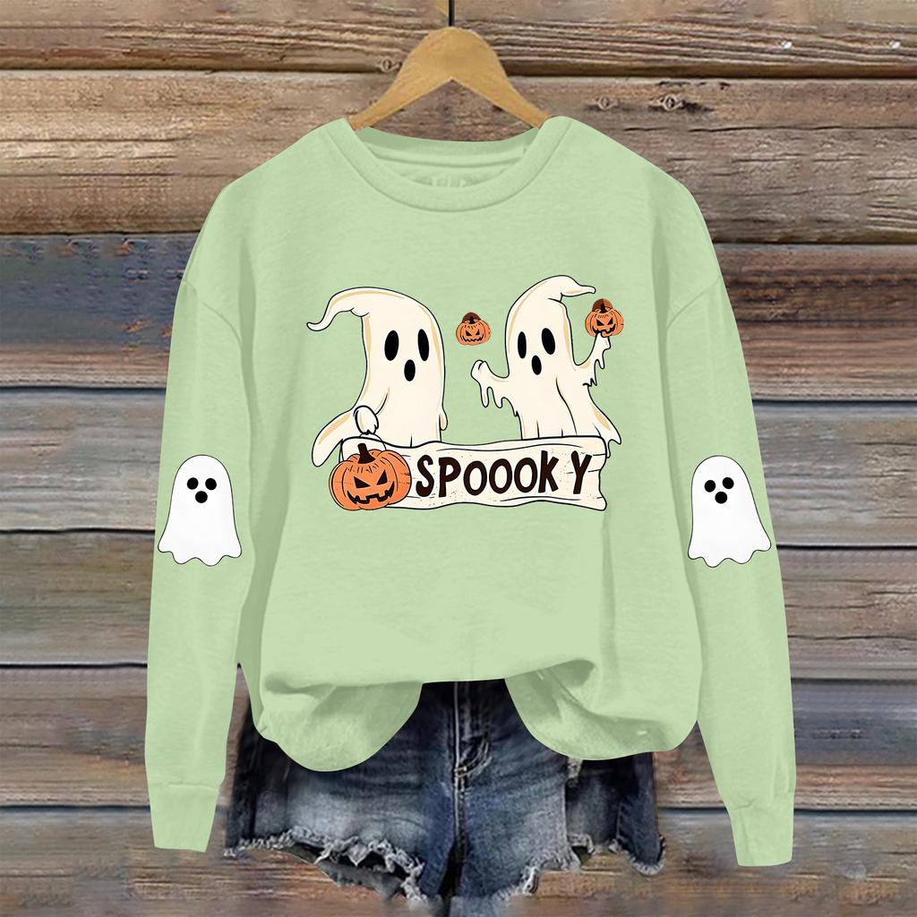 Dame Moteable Casual Langermet Halloween Trykket Rundhals Topp