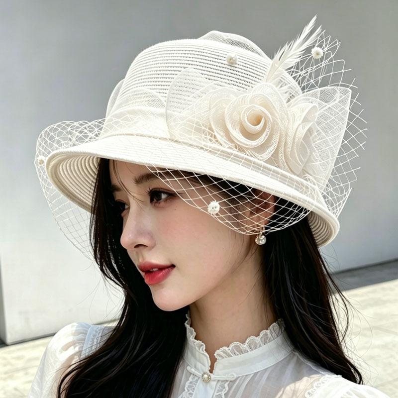 French flower mesh crimped brim basin hat female Hepburn style fashion exquisite banquet travel photo outdoor sun hat