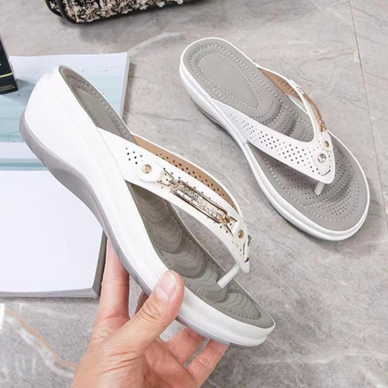 Women's Flip-flops Designer Metal Button Slippers Wedge Platform Slippers Summer Casual Beach Slippers for Women Sandalias Mujer