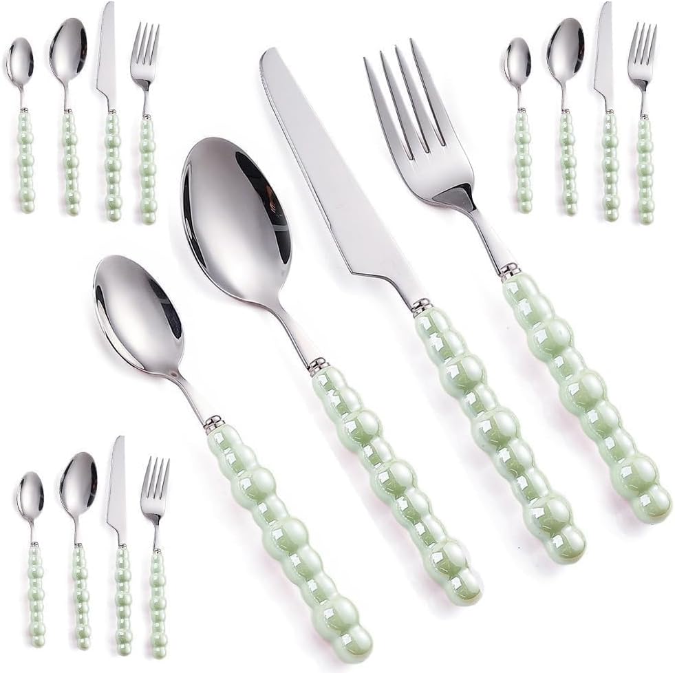 4-Piece Cutlery Set, Stainless Steel Flatware Sets with Chubby Bubble Pattern Ceramic Handle Utensils Including Knife Fork Spoon