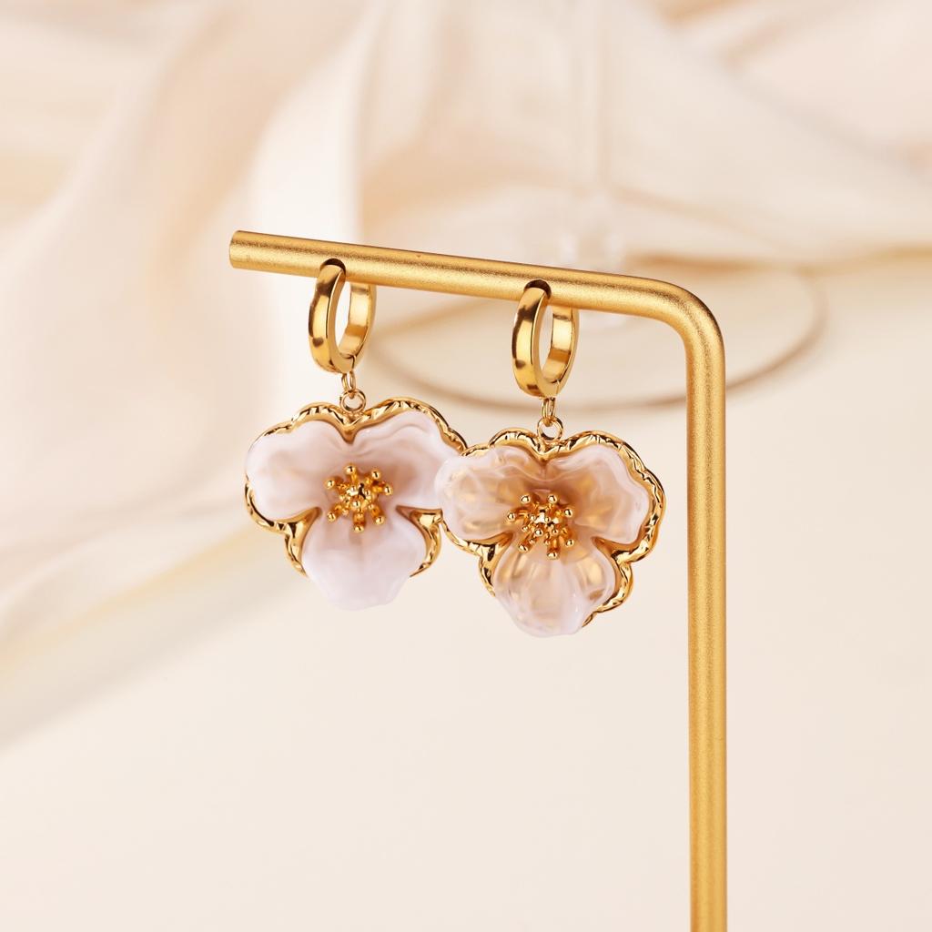 Sweet Colored Oil‑Drop 3D‑Flower Women Earrings, 18K Gold‑Plated Stainless‑Steel Versatile Temperament Ear Jewelry