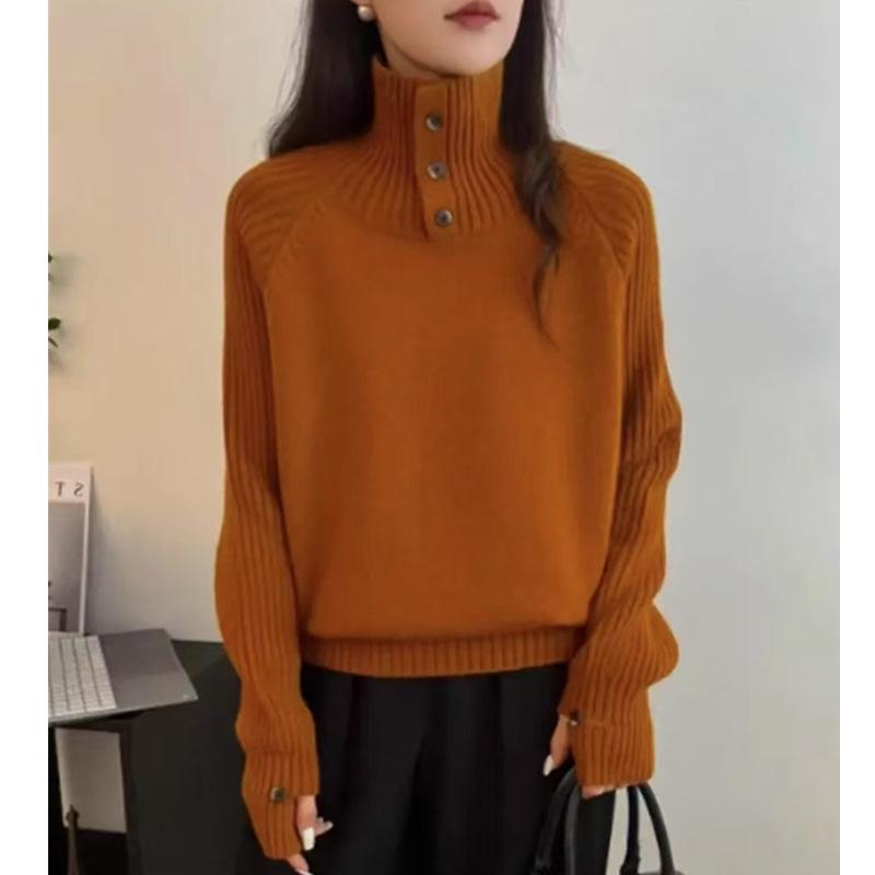 Women's Petite Retro High Neck Knit Pullover: Thick, Loose, Comfy Long Sleeve Sweater