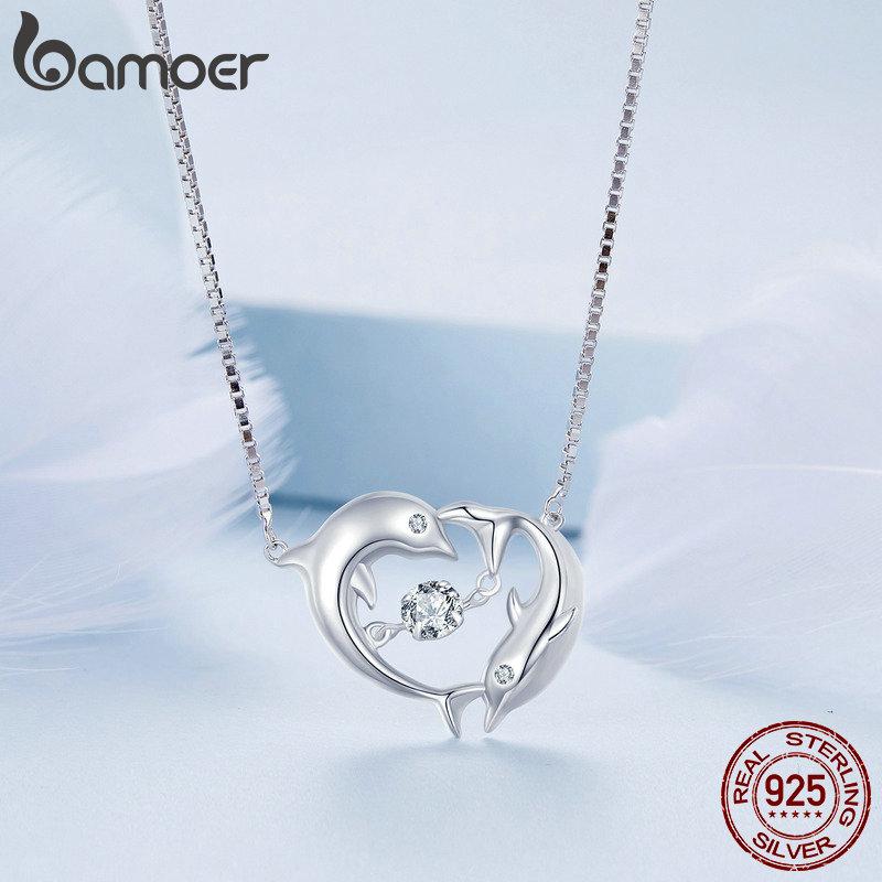 Náhrdelník BAMOER 925 z mincového striebra Connected Double Dolphins Lesklý zirkón Love na krk pre ženy, jemné šperky