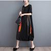 Summer New Loose Casual Embroidered Dress Color Block Hem Drawstring Slimming Women's Fashionable Artistic Clothing Dress