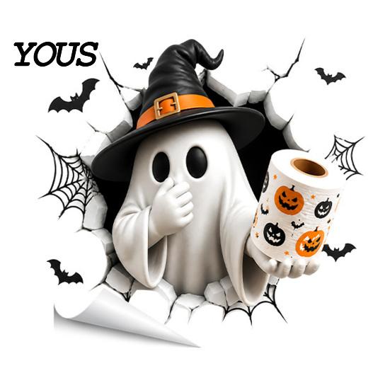 Cute Ghost Bathroom Wall Murals Halloween Toilet Seat Cover Stickers, Scary 3D Crack Skeleton Creative Tank Decorations Lid Decals, Waterproof