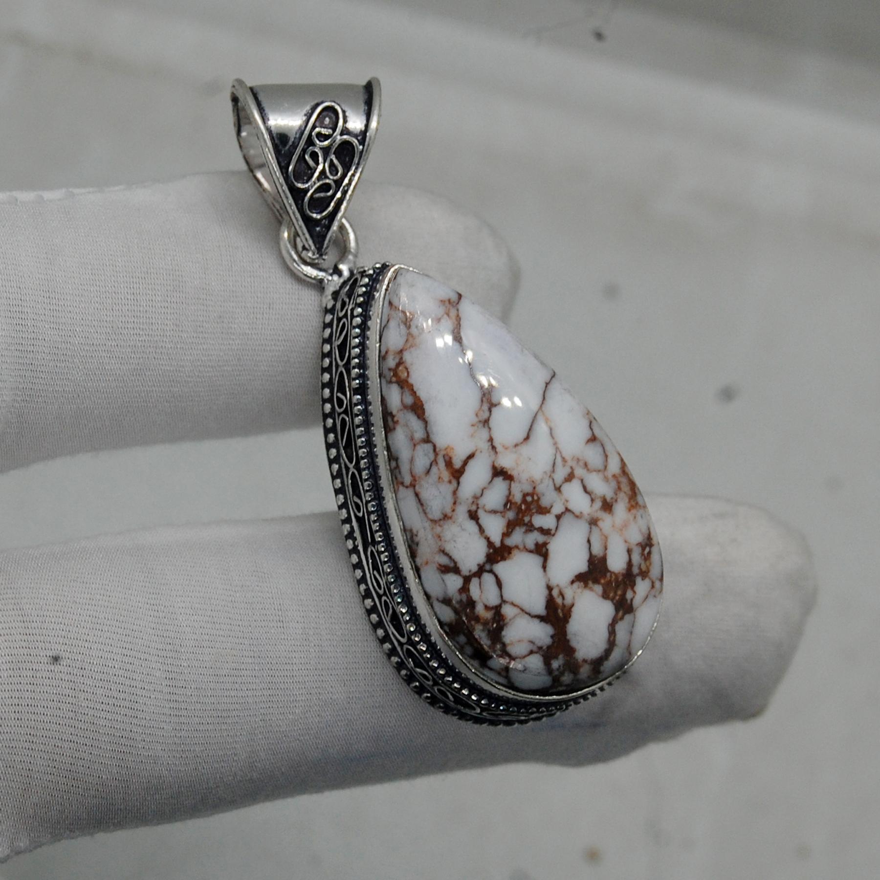 

Pear Cab White Brown Wild Horse Magnesite Jasper 925 Sterling Silver Pendant Jewelry, Boho Style Designer Pendant Jewelry