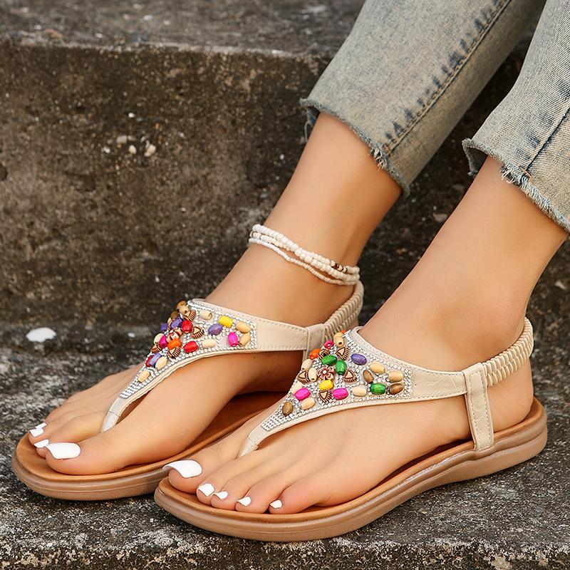 

Сандалии Lucyever на плоской подошве в стиле бохо для женщин 2024 года, летние сандалии больших размеров с застежкой на носке, женские нескользящие босоножки на платформе в римском стиле 36 бежевый