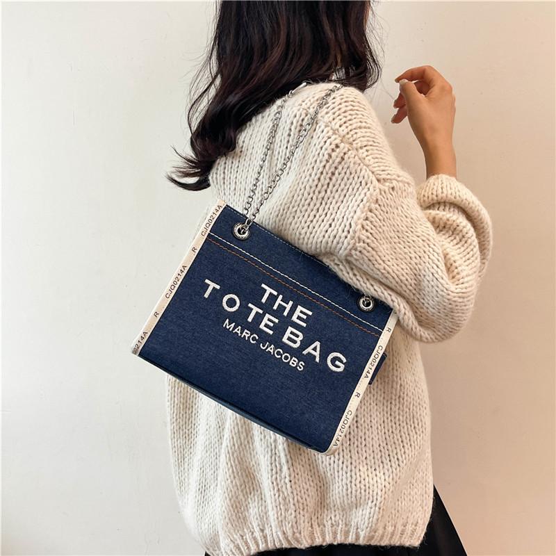 Stylish 2024 Autumn Fashion Letter Print Large Capacity Denim Canvas Tote Bag For Women In Black Blue And Sky Blue