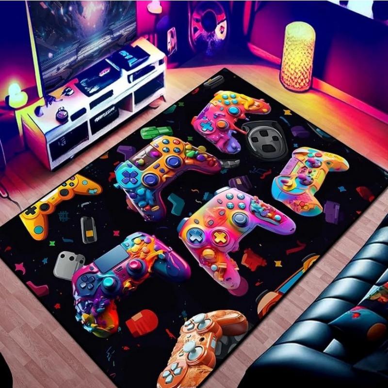 3D Neon Gaming Controller Carpet Full Coverage Rug Mat for Home Decoration Glowing Joystick Pattern Gaming Room Floor Decor