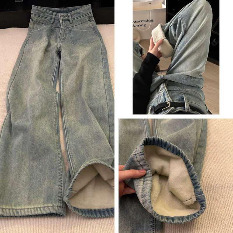 

Women s Retro Velvet High-Waist Straight Jeans - Autumn/Winter Style, Washed Wide-Leg Design Extra Large