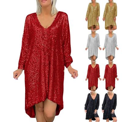 Großes, einfarbiges, lockeres Hemdkleid mit V-Ausschnitt und Pailletten für Damen