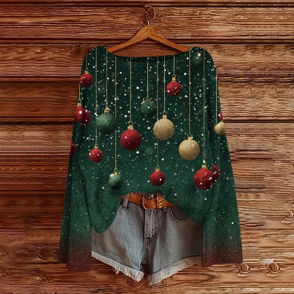 Women's Fashion Christmas Print Lightweight Sweater Casual Long-Sleeve Knit Pullover Top