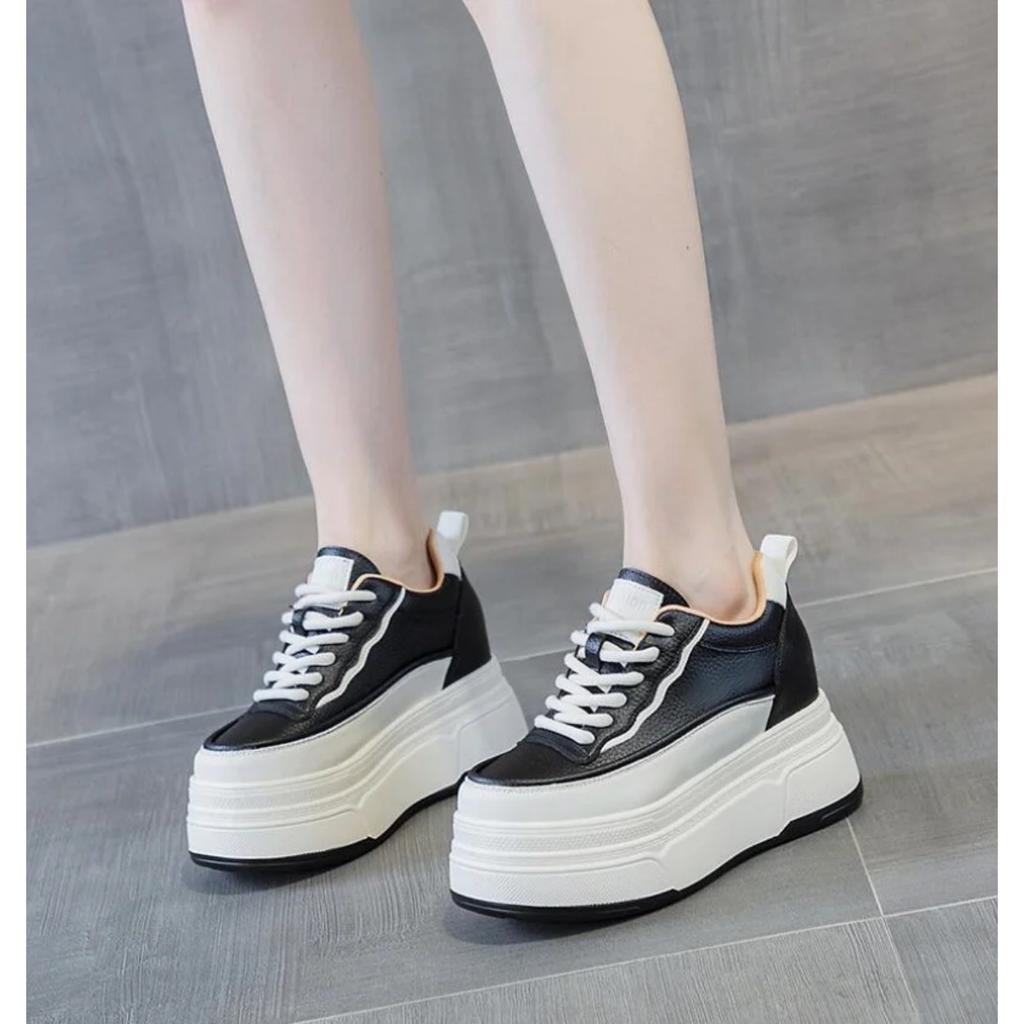 Genuine Leather Flats Casual Sneakers Women 2024 New Chunky Platform Sports Shoes Ladies High Heels Designer Tennis Thick Bottom