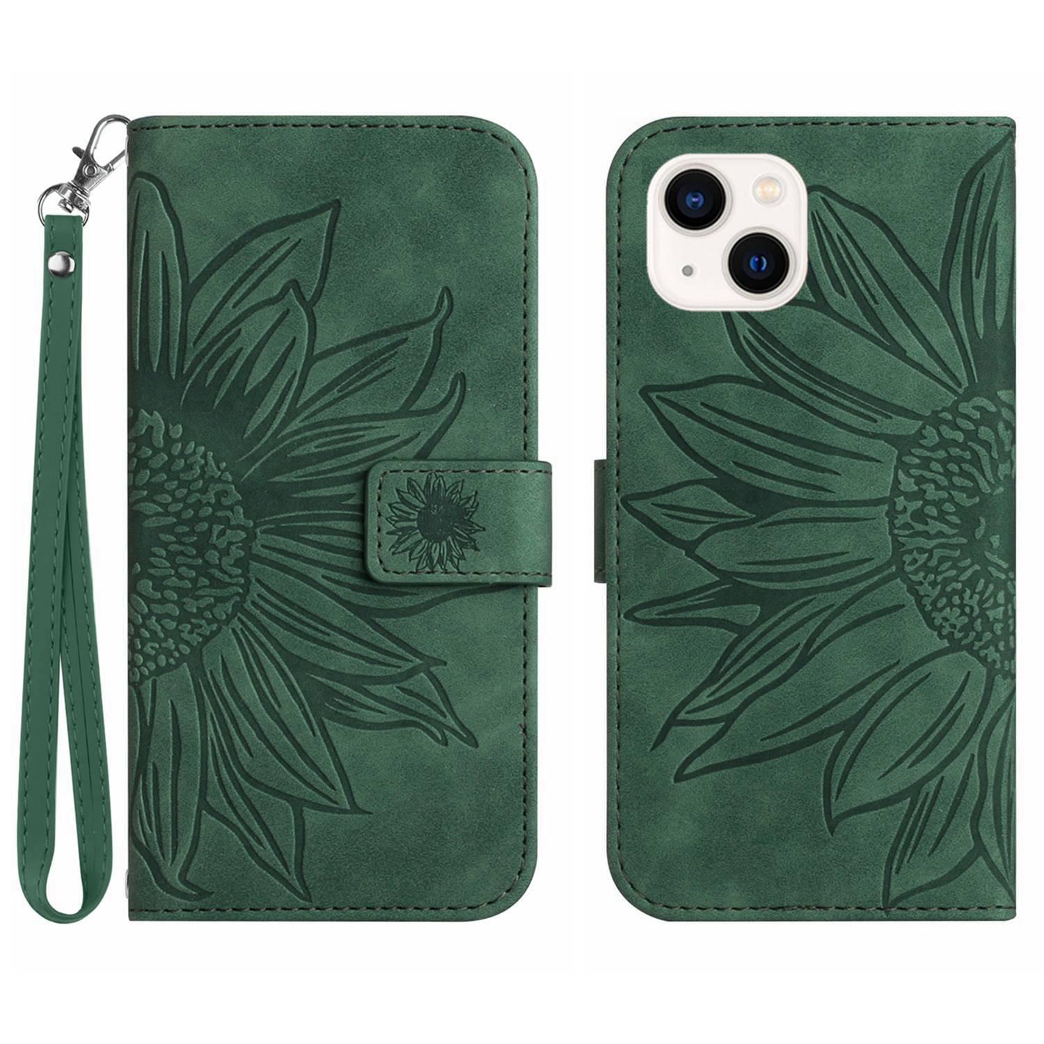 

HT04 For iPhone 15 Skin-touch Phone Case Sunflower Pattern Stand Leather Wallet Cover with Hand Strap Dark Green