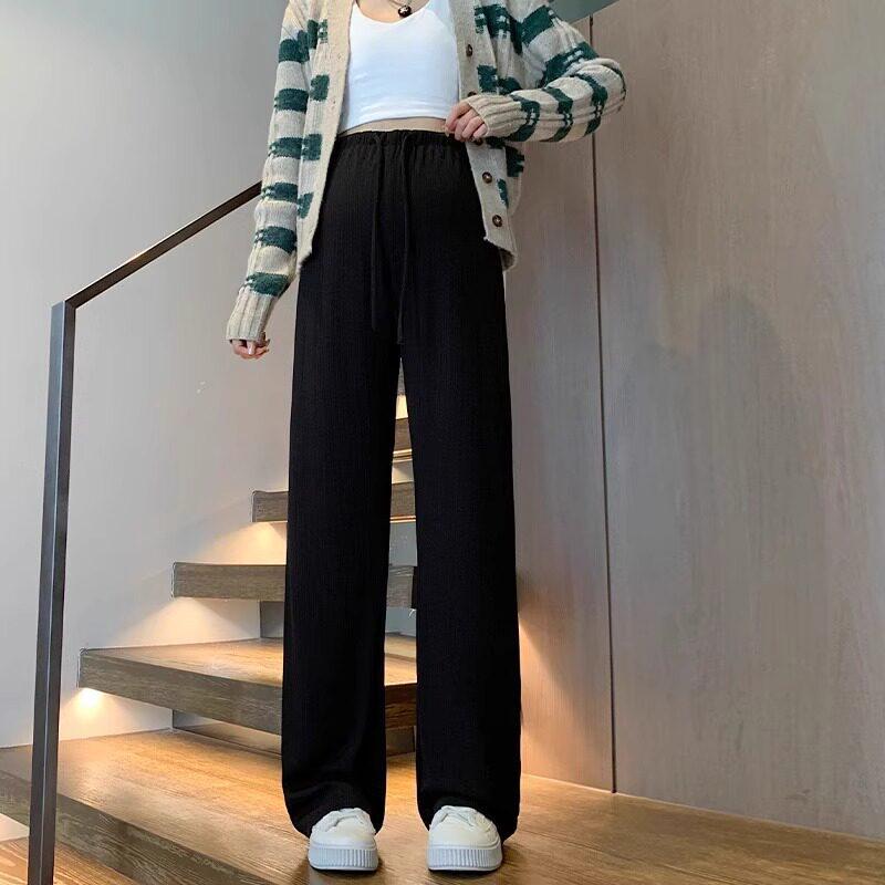 

Maternity Spring/Summer Thin Wide-Leg Pants: No Belly Tightening, Petite Size, Drawstring Straight Leg L [105-120 lbs] чёрный