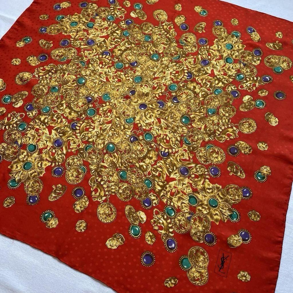 Used YVES SAINT LAURENT Yves Saint Laurent Scarf Silk Baroque Jewelry Red Gold Thin Large Vintage