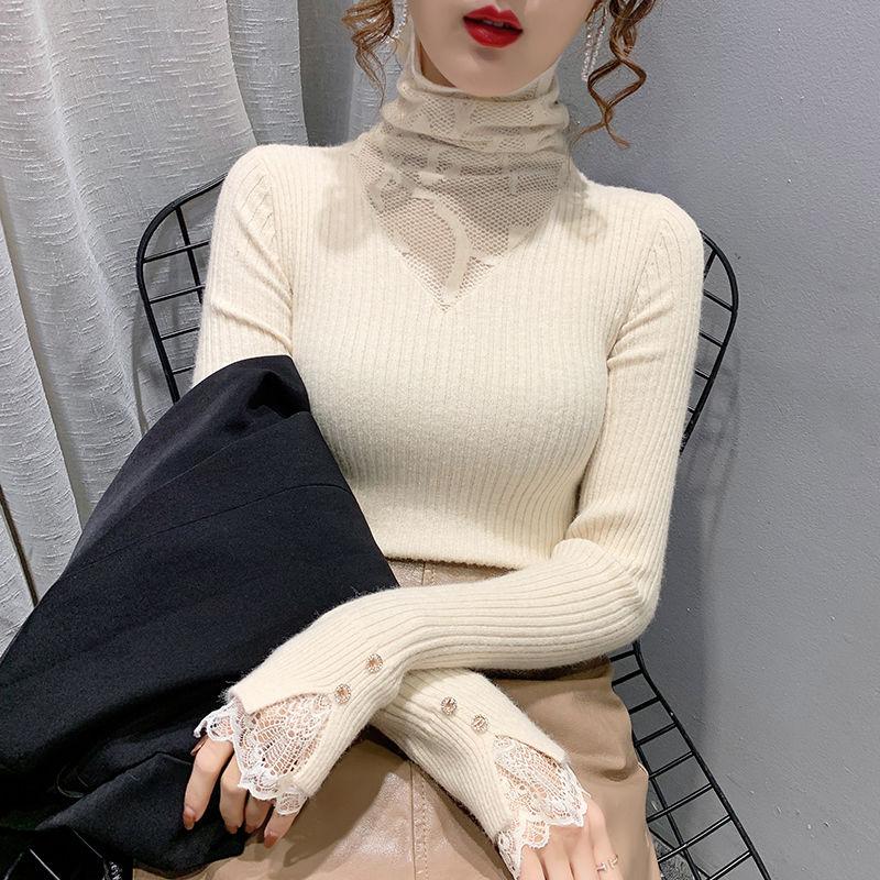 Pulover din catifea cu guler înalt, plasă ajurată, toamnă și iarnă, dantelă împletită, slim, pulover de bază, top pentru femei