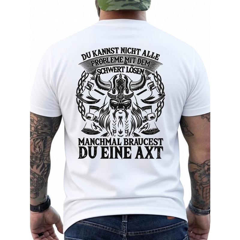 Men s Viking Norse Mythology T-Shirt | Back Print Viking Horned Helmet & German Text - Heavy Metal Inspired Graphic Tee - Soft Breathable S