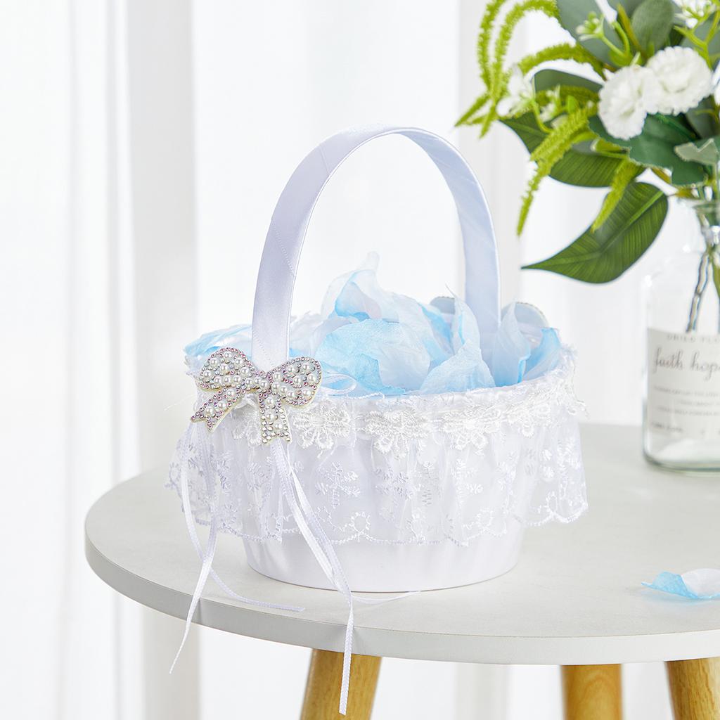 WTEMPO White Wedding Flower Girl Basket Hand-held Bow Flower Basket Lace Brim Decorative Small Basket Parties Weddings Supplies