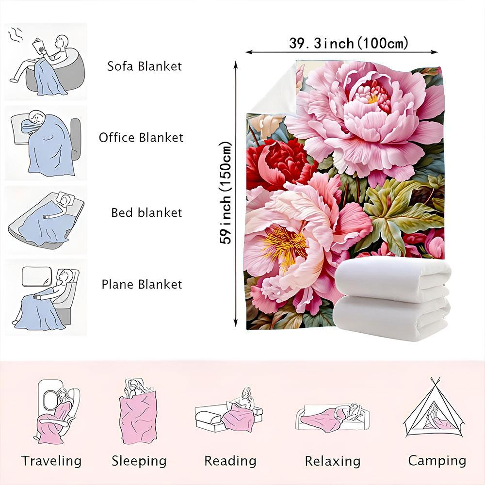 Peony Blush & Red Floral Throw Blanket - Soft, Lush Textured Design with Pink/Red Peonies, Golden-Yellow Stamens, Green Leaves -