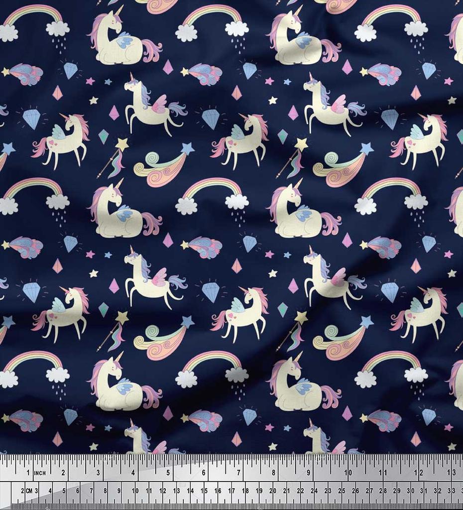 Soimoi Blue Japan Crepe Satin Fabric Rainbow & Unicorn Animal Print Sewing Fabric metre 42 Inch
