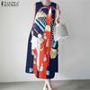 ZANZEA Womens Summer Print Casual O-neck Sleeveless Dress Beach