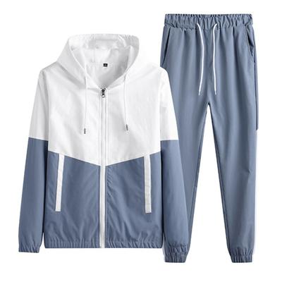 2Pcs/Set Men Sportswear Hooded Drawstring Long Sleeve Sweatshirt Coat Elastic Drawstring Waist Pockets Long Pants Set Patchwork Color Sport Outfits